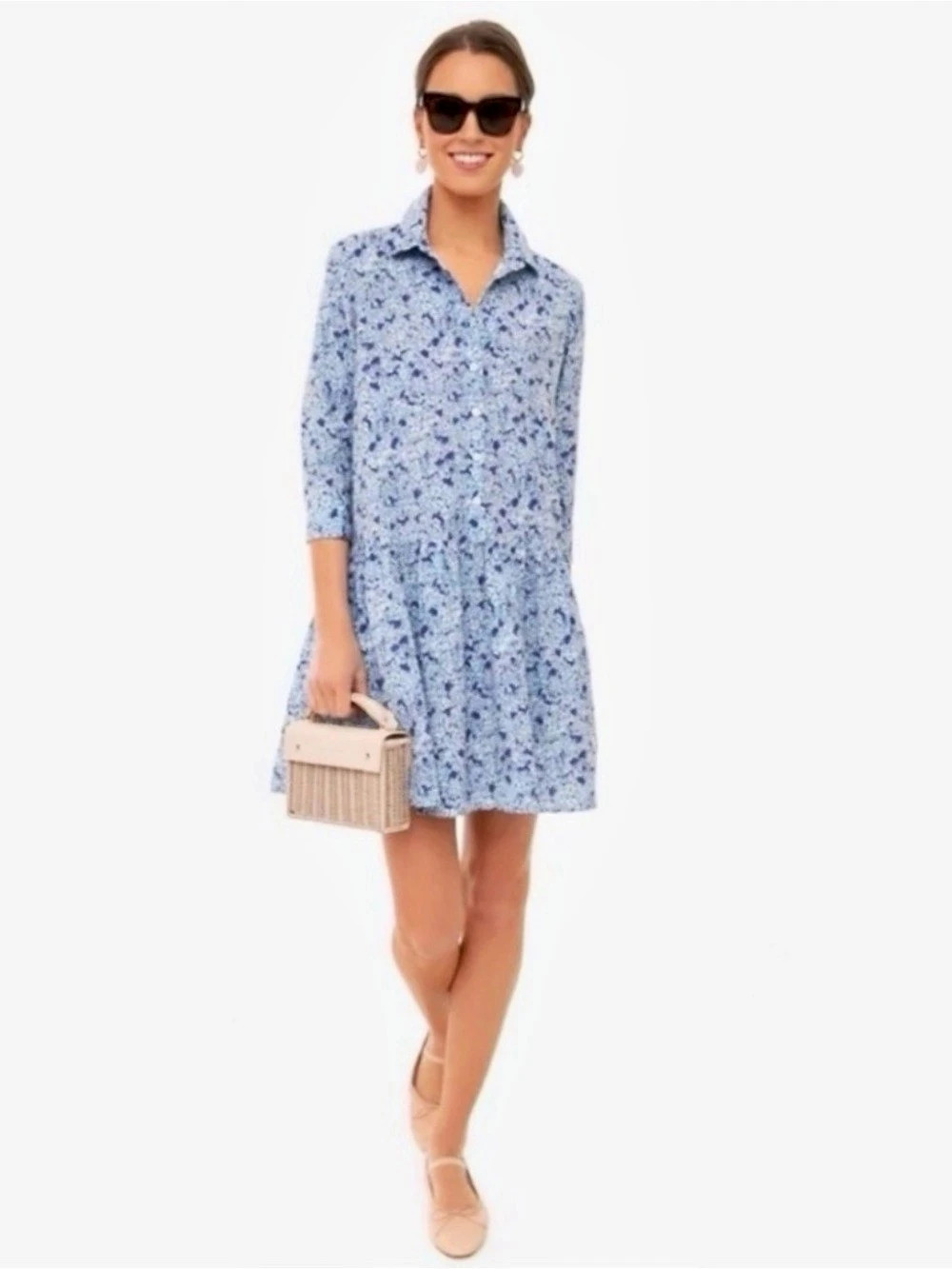 Tuckernuck Blue Hydrangea Drop Waist Shirt Dress Blue & White XL